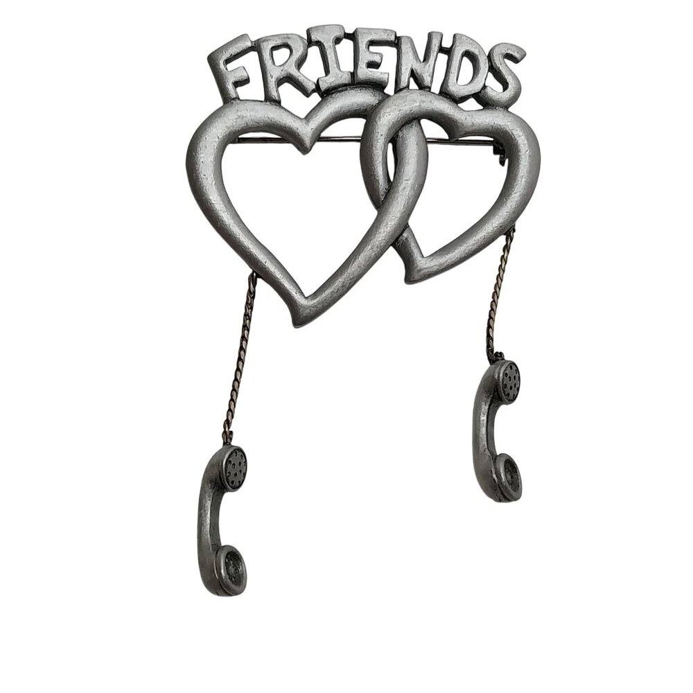 Vintage JJ Jonette Heart-Shaped Friends Silvertone Pewter Brooch Phone Charms
